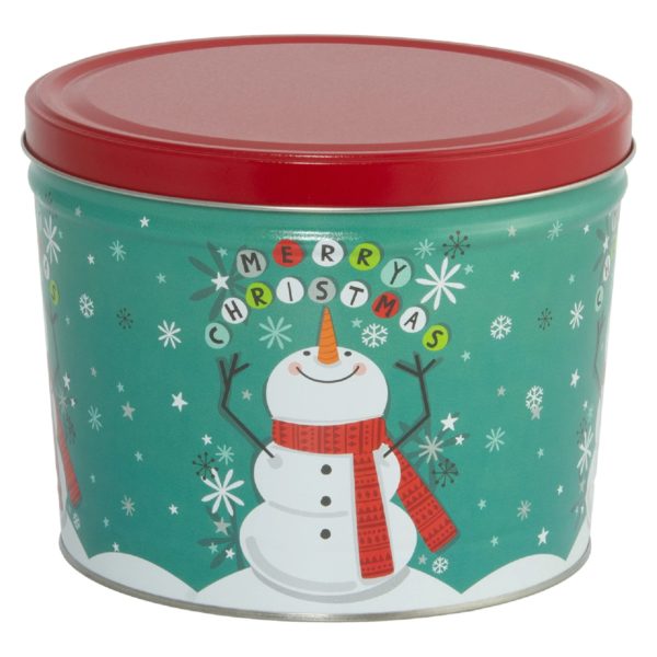 Christmas themed gourmet popcorn holiday tin.